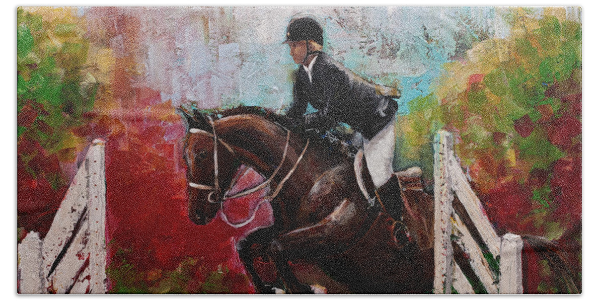 Equestrian Beach Sheet featuring the painting Show Jumper Equestrian Horse Wall Art by Gray Artus