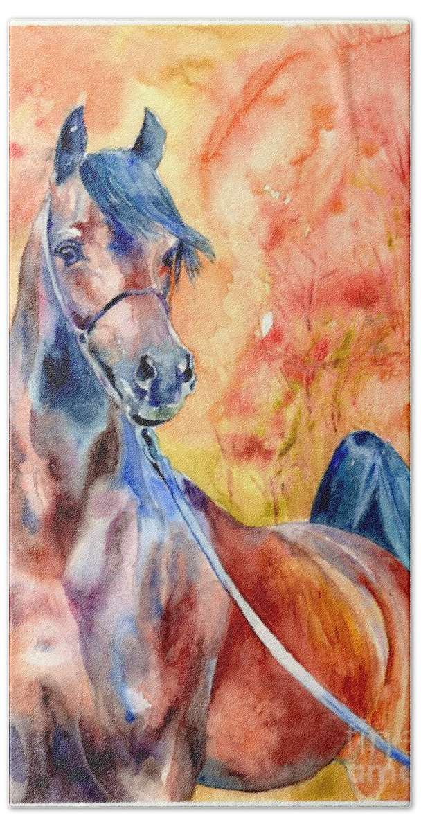 Horse Beach Towel featuring the painting Horse On The Orange Background by Suzann Sines