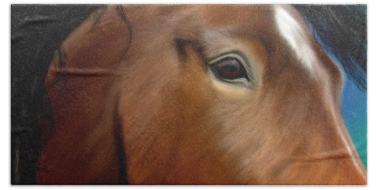 Horse Beach Towel featuring the painting Horse Portrait Close Up by Becky Herrera