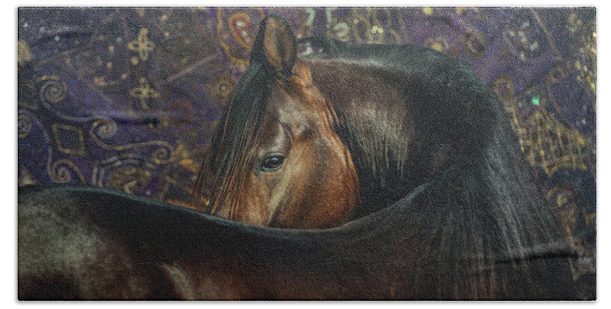 Russian Artists New Wave Beach Towel featuring the photograph Horse Portrait with Carpet by Ekaterina Druz