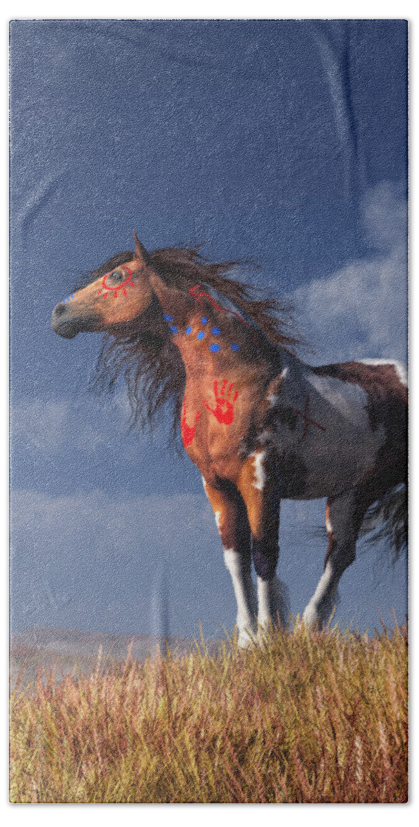 Warrior Spirit Beach Towel featuring the digital art Horse with War Paint by Daniel Eskridge