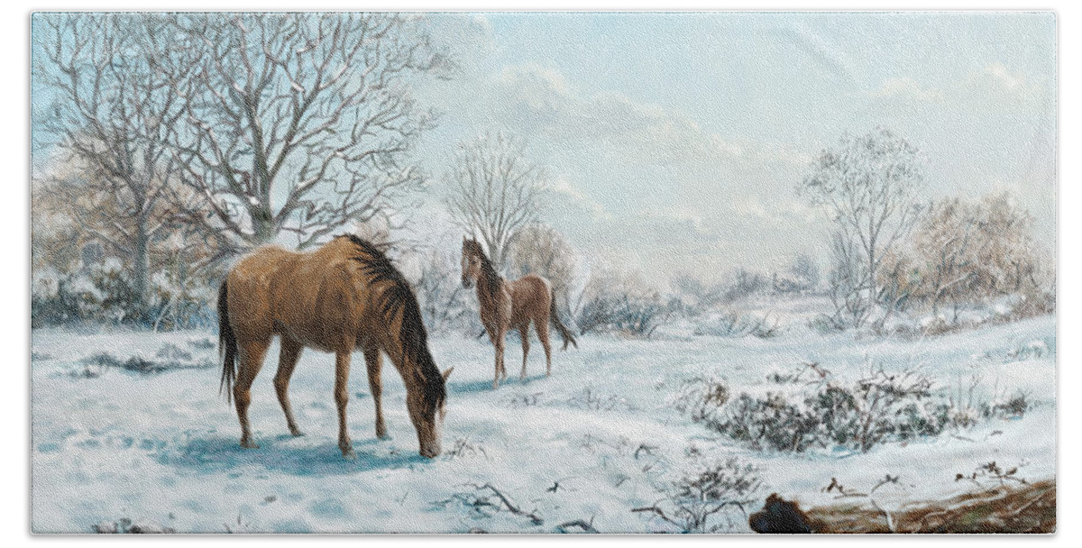Horse Beach Sheet featuring the digital art Horses in Countryside Snow by Martin Davey