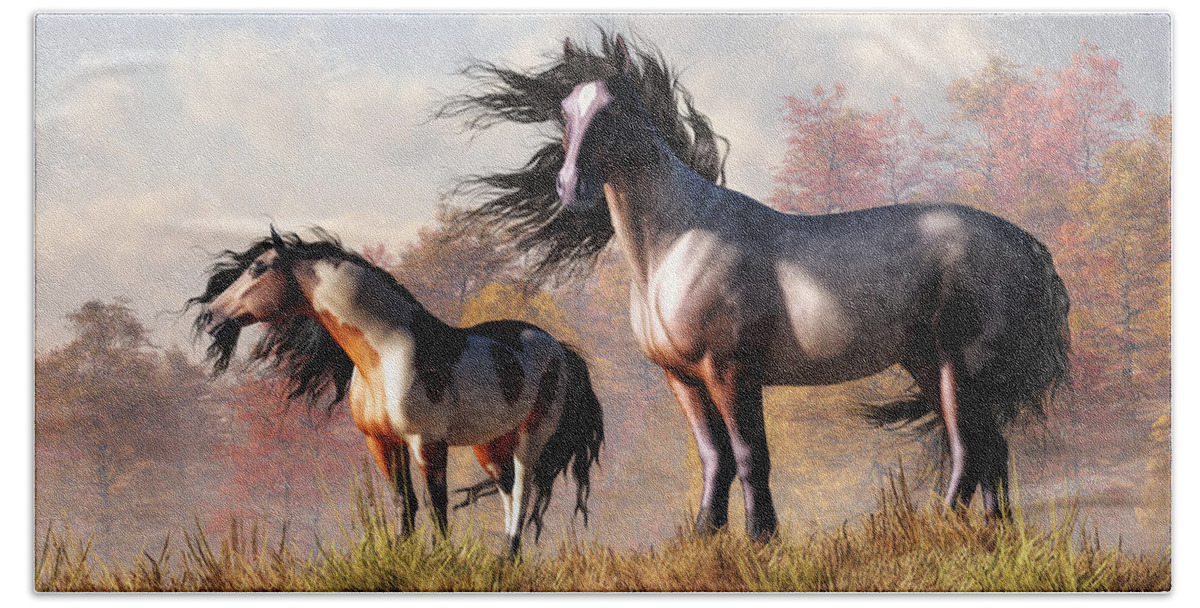Horses In Fall Beach Towel featuring the digital art Horses in Fall by Daniel Eskridge