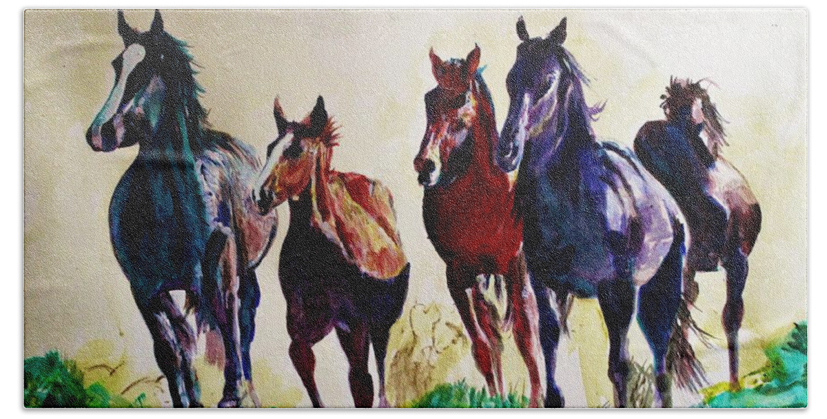 Horse Beach Towel featuring the painting Horses in wild by Khalid Saeed