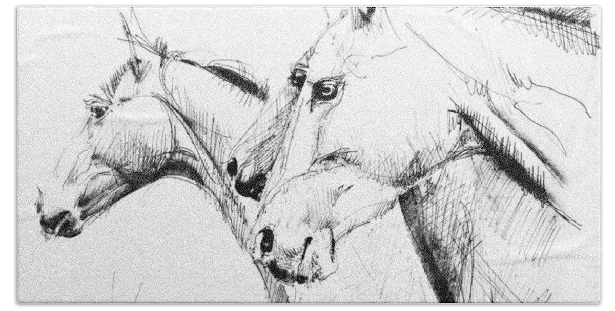 Horses Beach Towel featuring the drawing Horses - ink drawing by Daliana Pacuraru