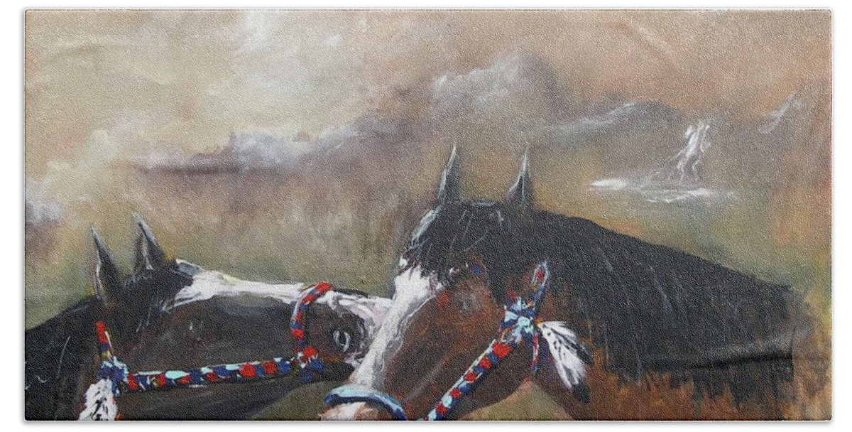 Acrylic On Canvas Painting Print American Indian Horses Native Pair Black Brown Feathers Sky Sunset Mountain Waterfall Clouds Dark Horses Relaxing Happy Horses Playing Horses Grass Green Beach Towel featuring the painting Horses by Miroslaw Chelchowski