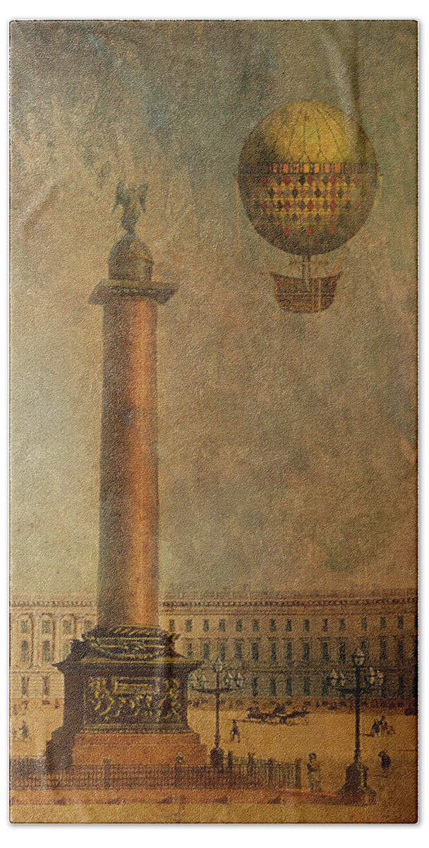 Hermitage Beach Sheet featuring the digital art Hot Air Balloon over St Petersburg and the Hermitage by Jeff Burgess
