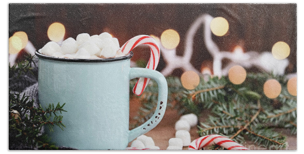 Hot Chocolate Beach Sheet featuring the photograph Hot Cocoa with Marshmallows and Candy Canes by Stephanie Frey