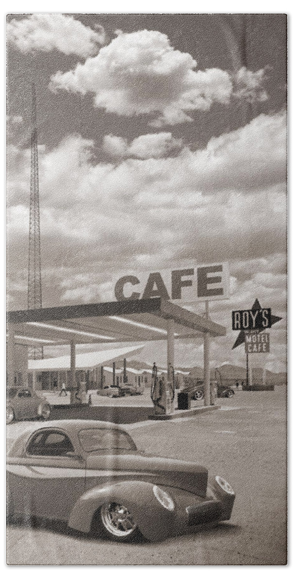 Street Rods Beach Towel featuring the photograph Hot Rods at Roy's Gas Station Sepia by Mike McGlothlen