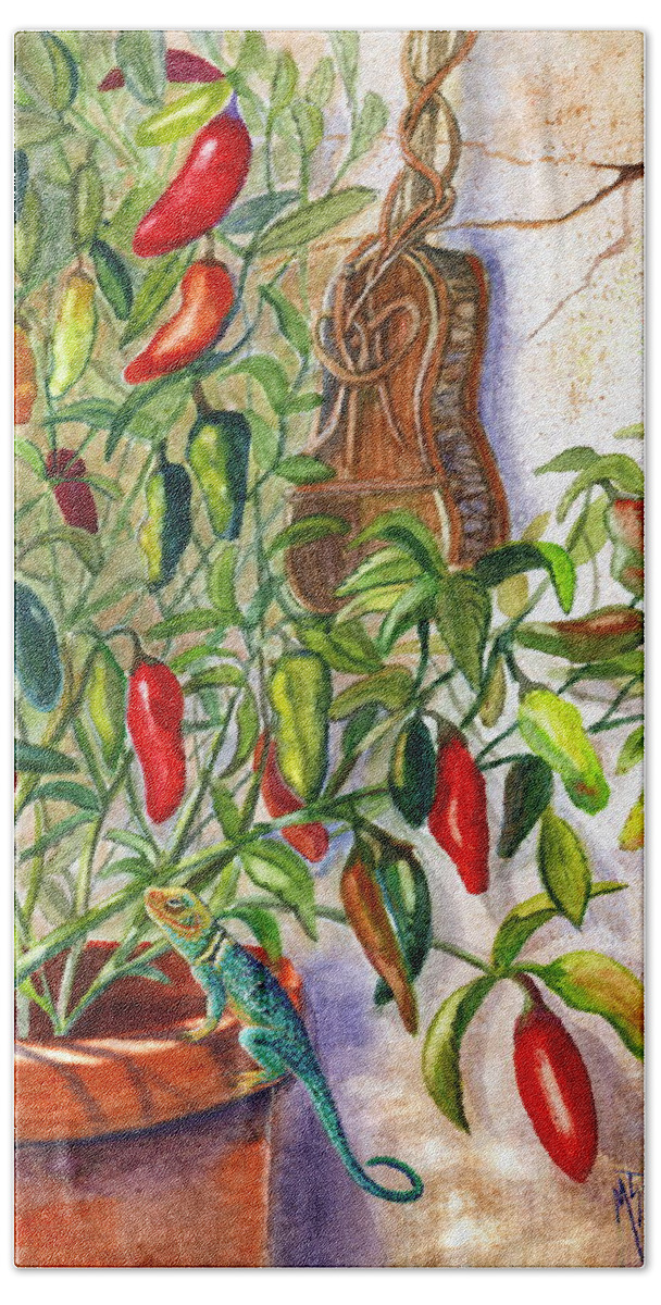Jalapenos Beach Towel featuring the painting Hot Sauce On The Vine by Marilyn Smith