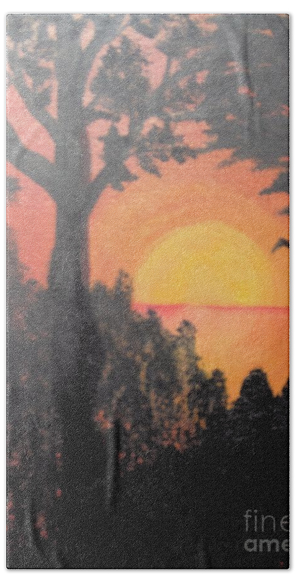 Landscape Sunset Tropical Orange Beach Towel featuring the painting Hot by Saundra Johnson