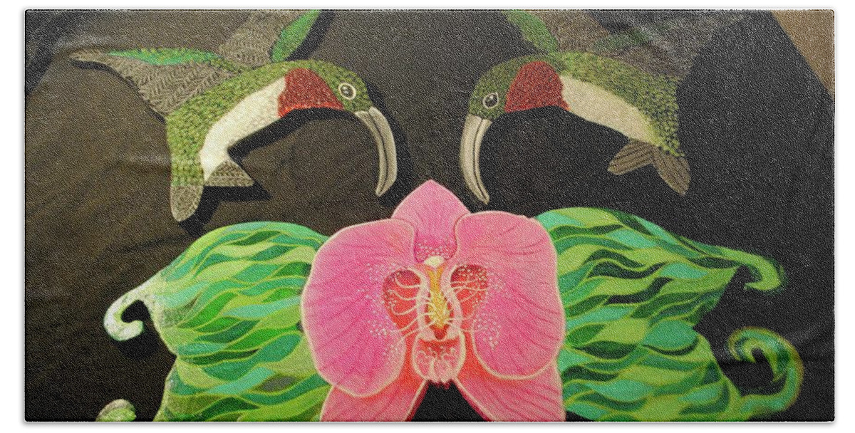  Beach Sheet featuring the painting Humming birds and orchid by Patricia Arroyo