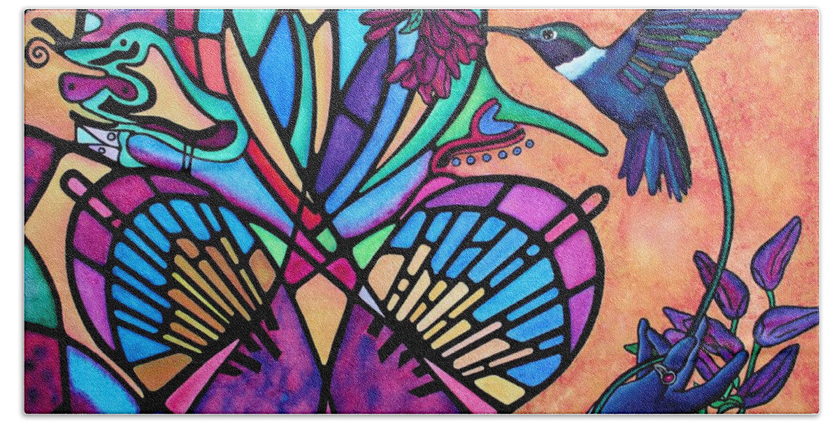 Greeting Cards Beach Sheet featuring the painting Hummingbird and Stained Glass Hearts by Lori Miller
