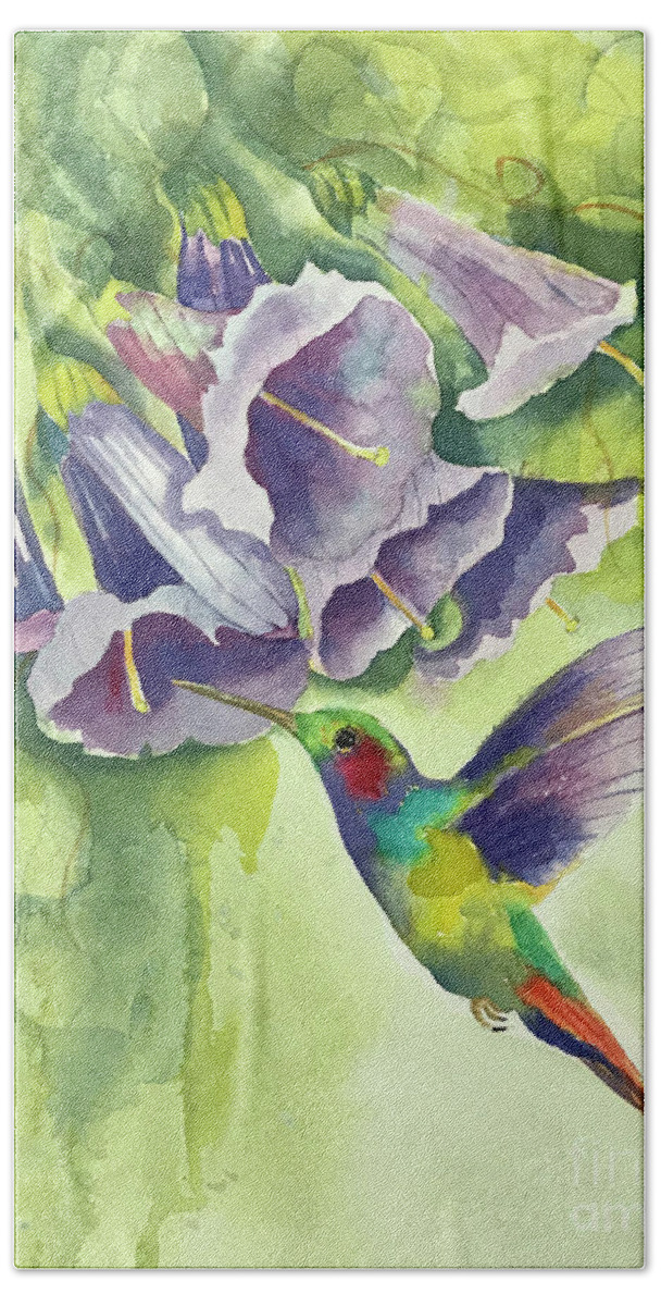 Hummingbird Beach Sheet featuring the painting Hummingbird and Trumpets by Hilda Vandergriff