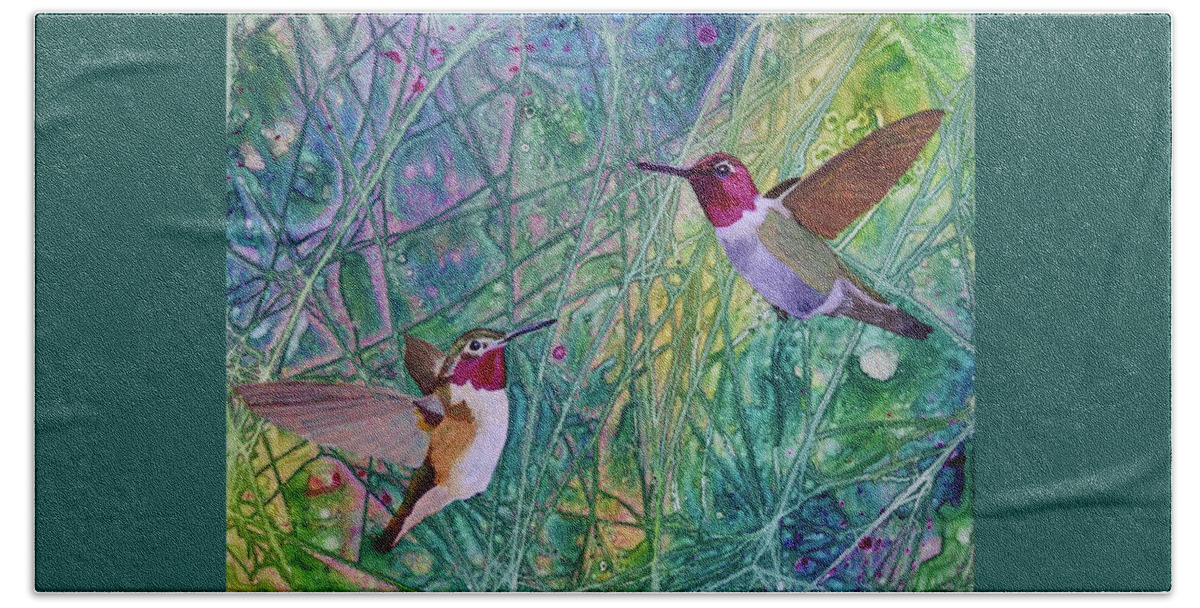 Hummingbird Beach Sheet featuring the painting Hummingbird Pair by Nancy Jolley