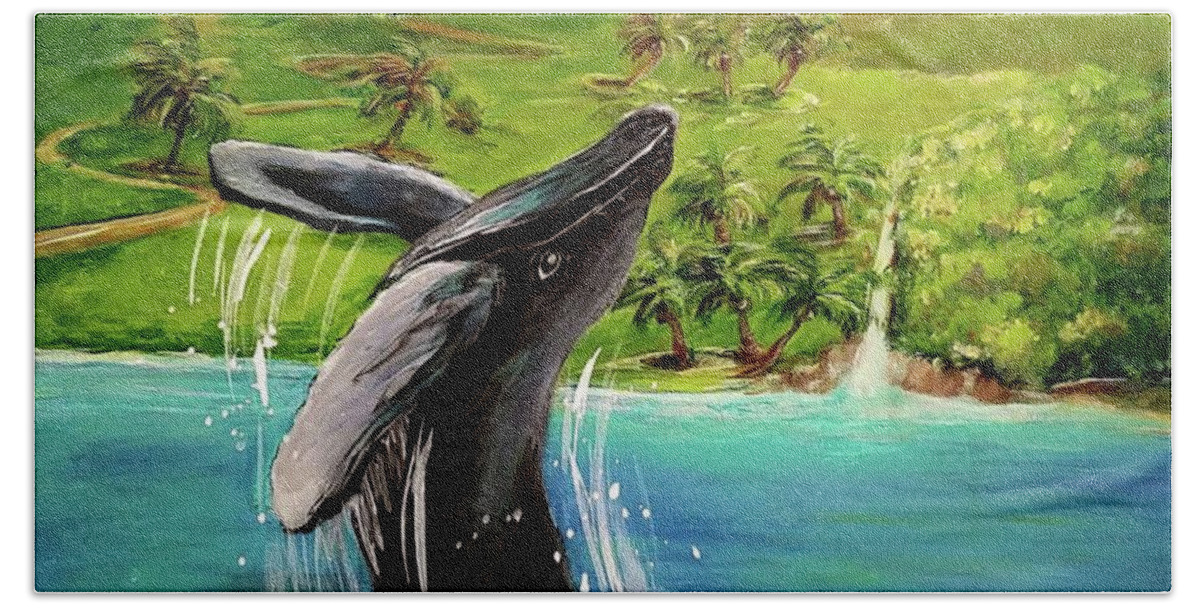 Humpback Whale Beach Towel featuring the painting Humpback Whale Breaching at Haleakala Hawaii by Bernadette Krupa