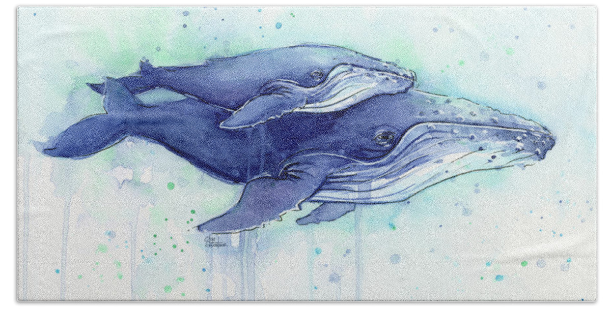 Whale Beach Towel featuring the painting Humpback Whales Mom and Baby Watercolor Painting - Facing Right by Olga Shvartsur