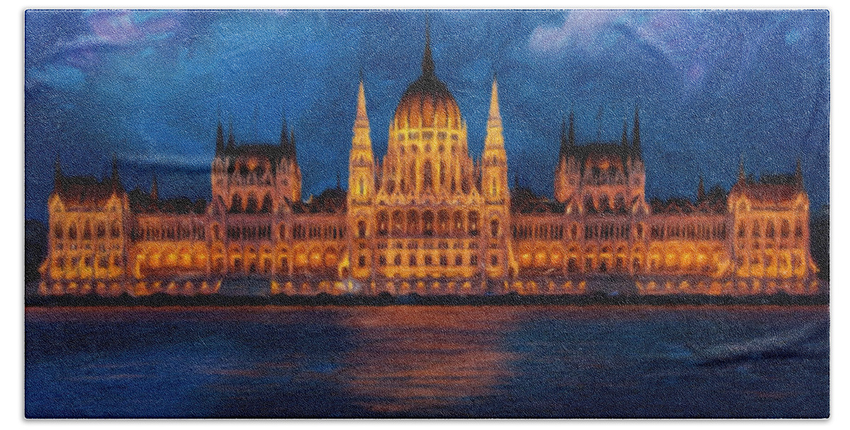 Architecture Beach Towel featuring the painting Hungarian Parliament at night by Vincent Monozlay