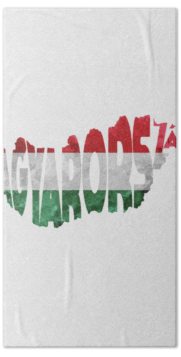 Hungary Beach Towel featuring the digital art Hungary Typographic Map Flag by Inspirowl Design