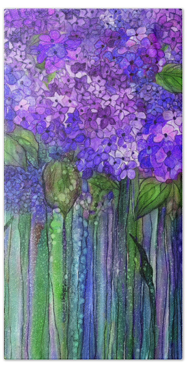 Carol Cavalaris Beach Sheet featuring the mixed media Hydrangea Bloomies 1 - Purple by Carol Cavalaris