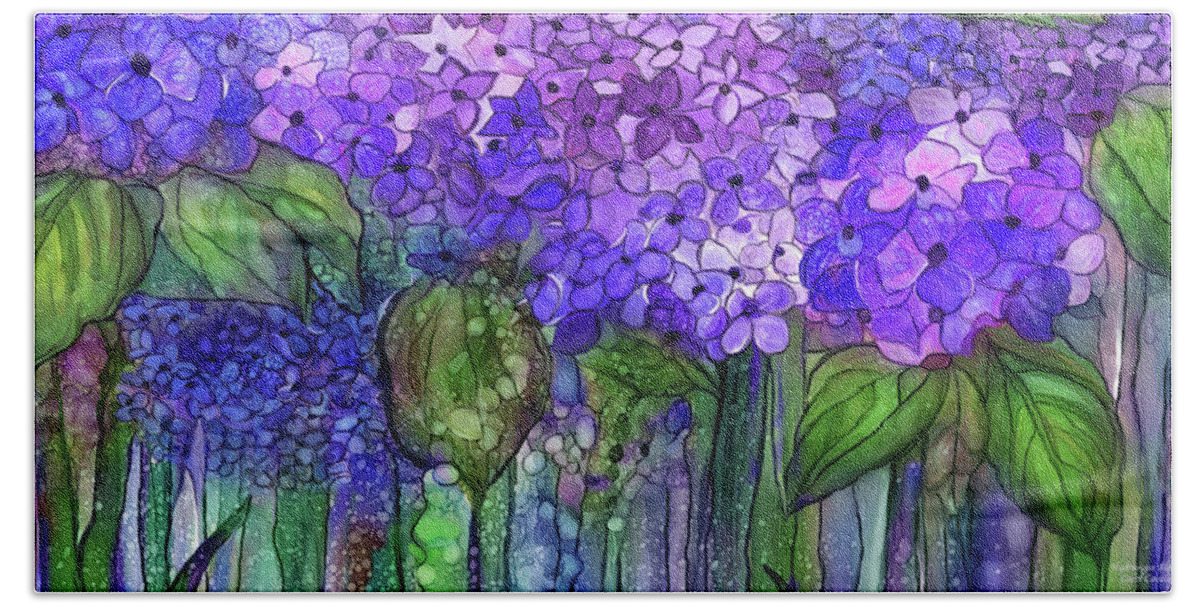 Carol Cavalaris Beach Towel featuring the mixed media Hydrangea Bloomies 4 - Purple by Carol Cavalaris