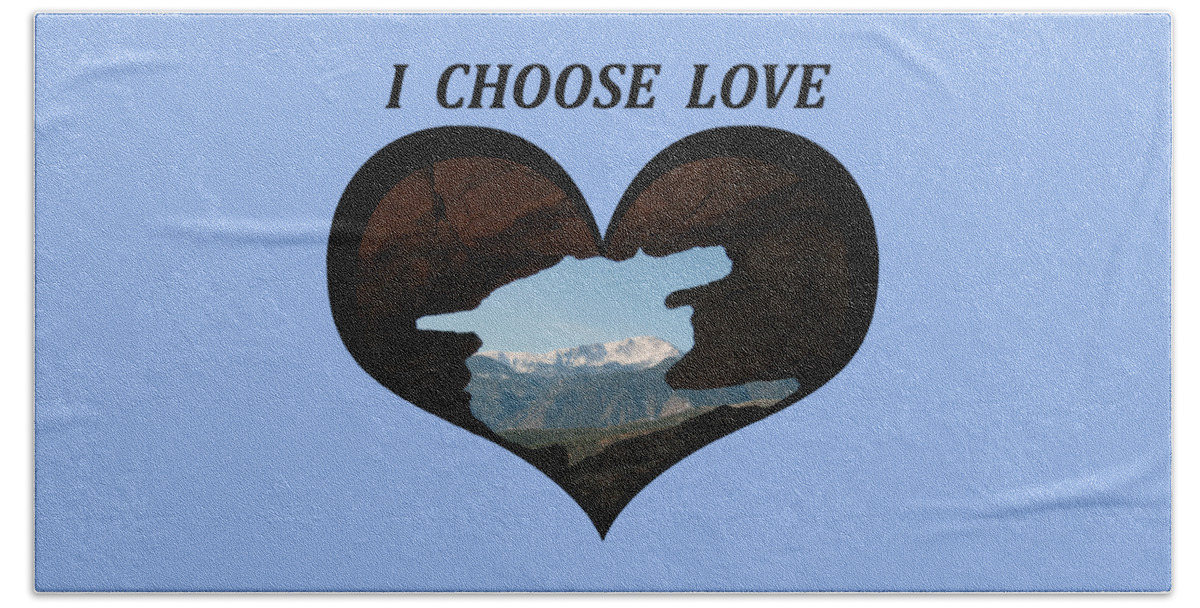 Love Beach Towel featuring the digital art I Choose Love With Pikes Peak Viewed Through a Keyhole in a Heart by Julia L Wright