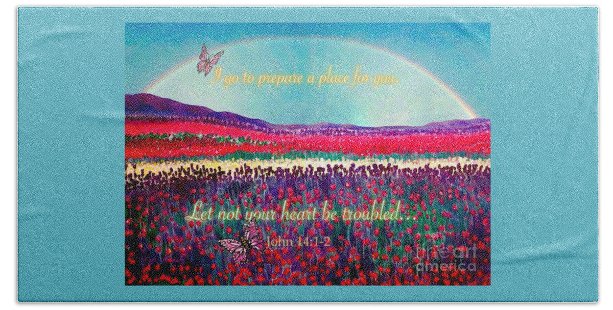 Field Of Tulips Red Yellow Purple Purple Mountains Background Rainbow Blue Skies Cheerful Christian Message Let Not Your Heart Be Troubled John 14:1-2 Bereavement Card Print Acrylic With Digital Art Enhancement Beach Towel featuring the painting Let Not Your Heart Be Troubled by Kimberlee Baxter