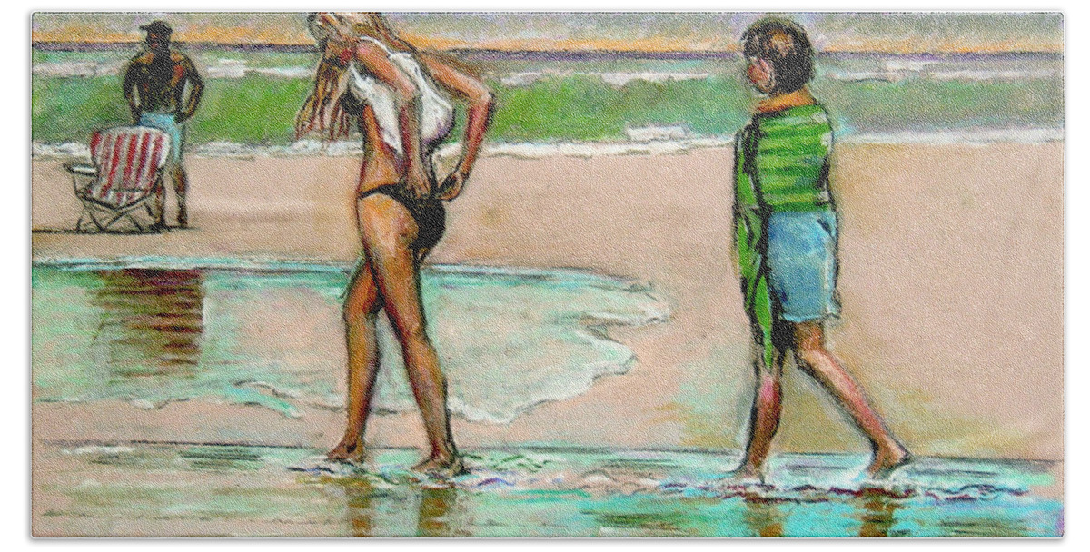 Beach Scene Beach Towel featuring the pastel I Hope The Sun Comes Out by Stan Esson