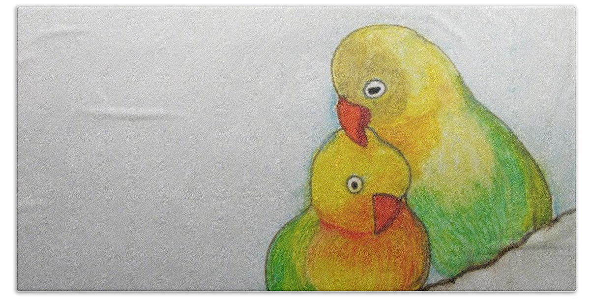 Parakeet Beach Towel featuring the painting I Love You by Patricia Arroyo