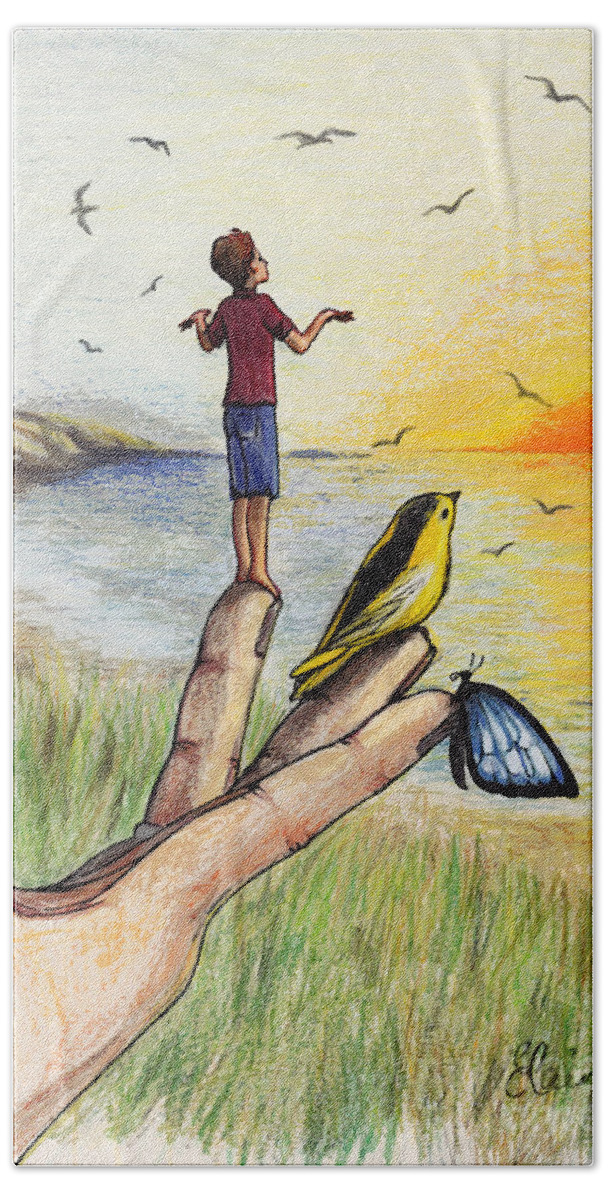 Butterfly Beach Towel featuring the drawing I wish I could fly by Elaine Berger