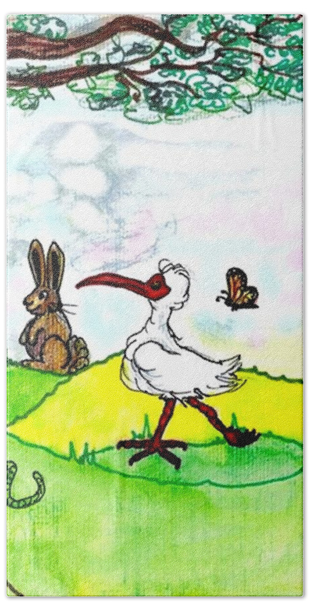Ibis Beach Towel featuring the drawing Ibis and friends listening by Carol Allen Anfinsen