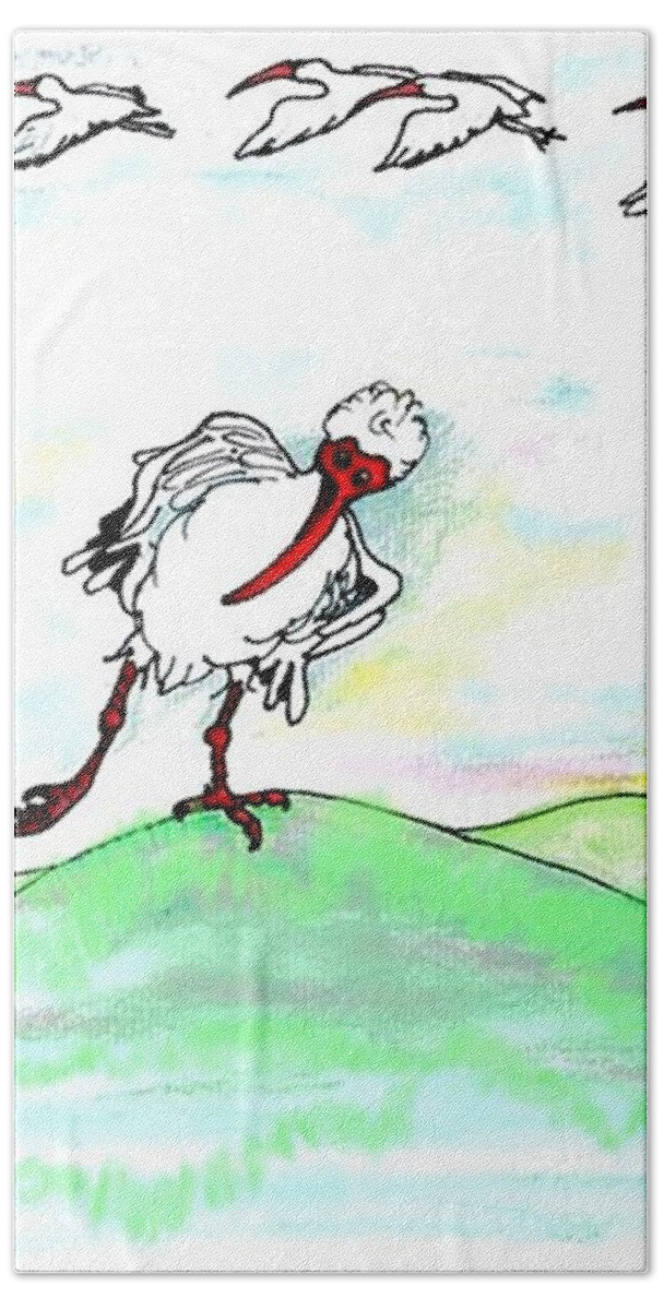 Ibis Beach Towel featuring the drawing Ibis hates leg by Carol Allen Anfinsen