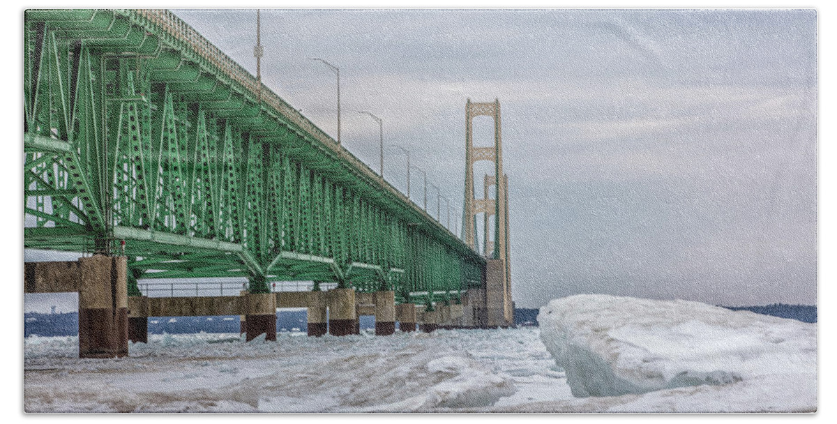 John Mcgraw Beach Sheet featuring the photograph Ice and Mackinac Bridge by John McGraw