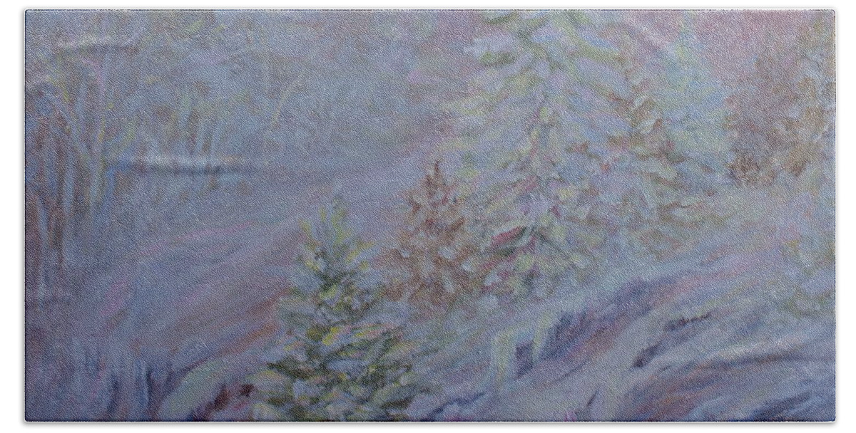 Ice Fog In Northern Landscape Beach Towel featuring the painting Ice Fog in the Forest by Jo Smoley