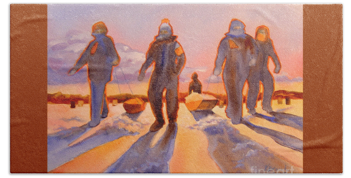 Paintings Beach Sheet featuring the painting Ice Men Come Home by Kathy Braud