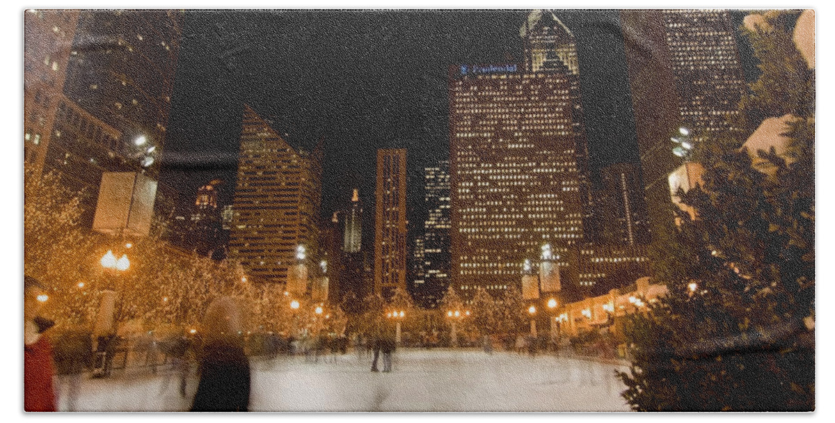 Ice Rink Beach Towel featuring the photograph Ice Skaters and Chicago Skyline by Sven Brogren