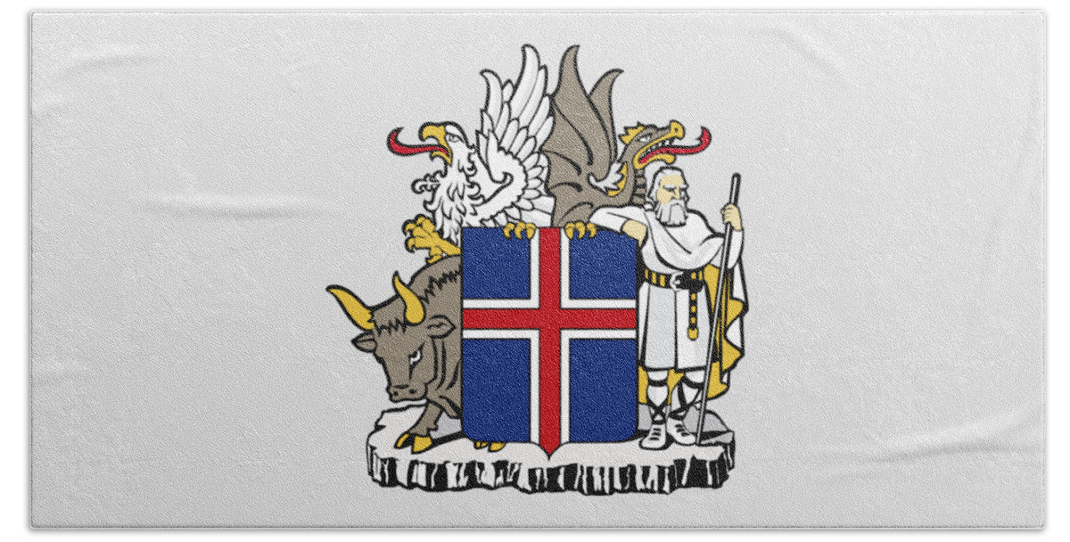 Iceland Beach Towel featuring the drawing Iceland Coat of Arms by Movie Poster Prints