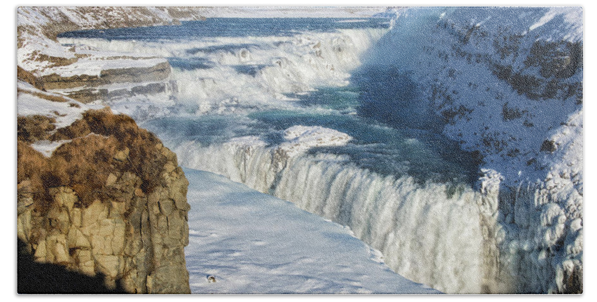 Gullfoss Beach Sheet featuring the photograph Iceland Gullfoss Waterfall in winter with snow by Matthias Hauser