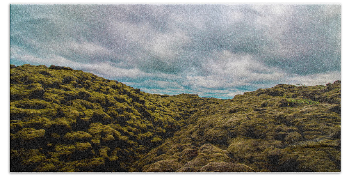 Landscape Beach Sheet featuring the photograph Iceland Moss and Clouds by Venetia Featherstone-Witty