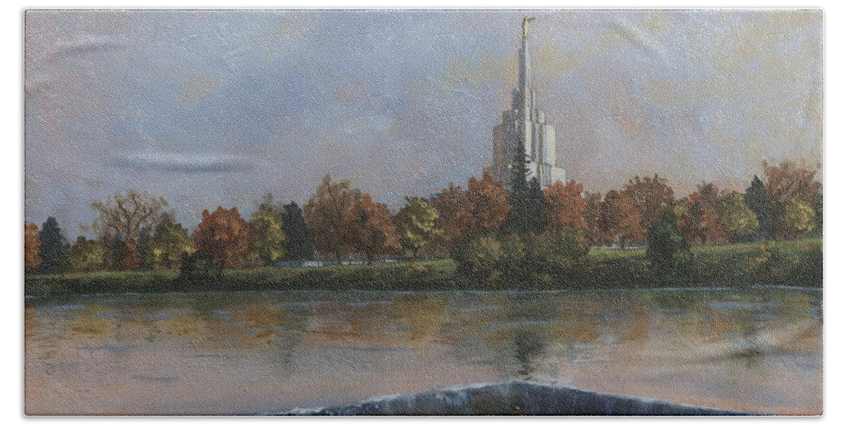 :  Lds Paintings Beach Towel featuring the painting Idaho Falls Temple by Jeff Brimley