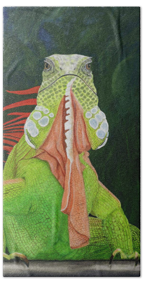 Karen Zuk Rosenblatt Art And Photography Beach Towel featuring the painting Iguana Dude by Karen Zuk Rosenblatt