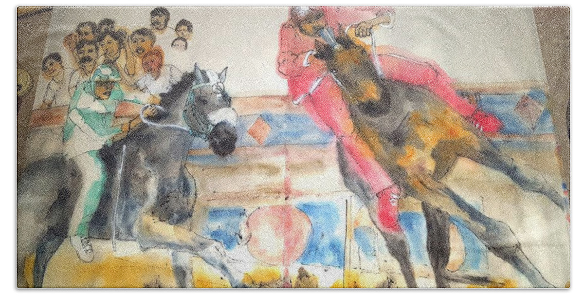 Il Palio. Siena. Italy. Horse Race. Event. Medieval. Beach Sheet featuring the painting il Palio di Siena album by Debbi Saccomanno Chan