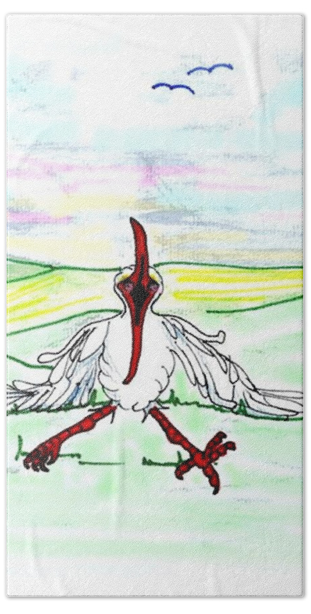 Ibis Beach Towel featuring the drawing I'll never fly again by Carol Allen Anfinsen