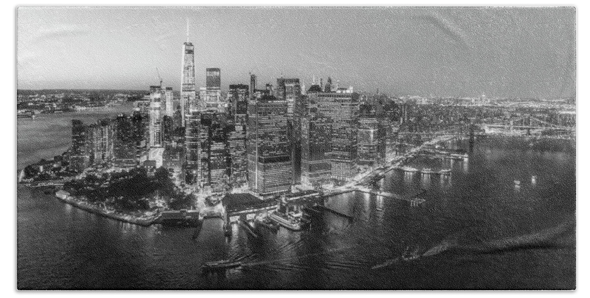 Aerial View Beach Towel featuring the photograph Illuminated Lower Manhattan NYC BW by Susan Candelario