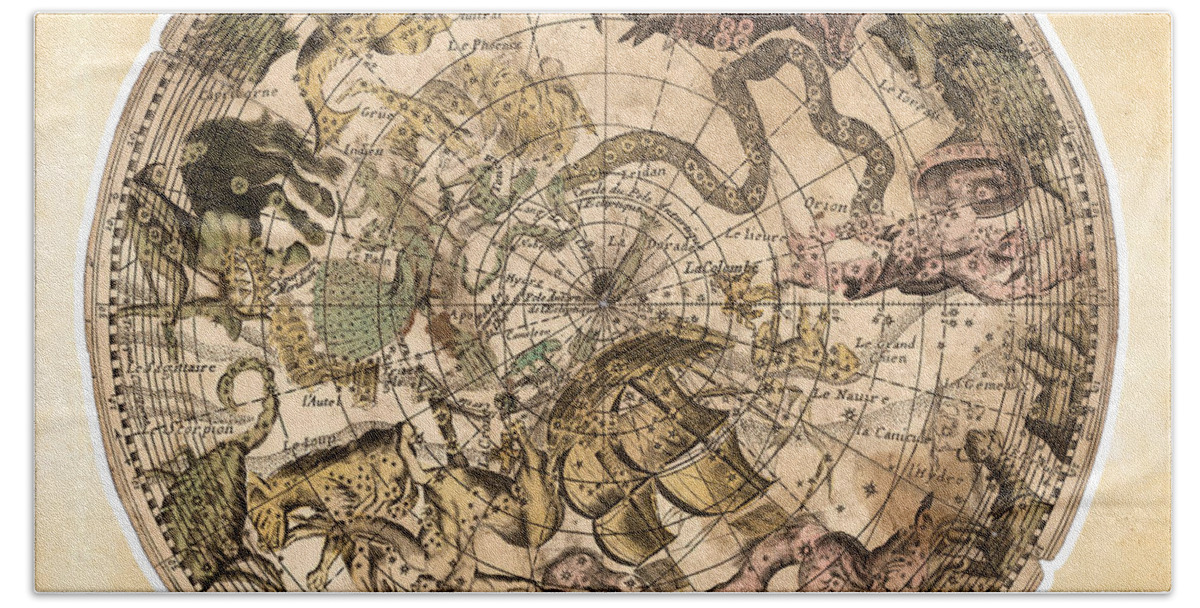 Illustrated Map Of The Constellations Beach Towel featuring the drawing Illustrated Map of the Constellations - Celestial Map - Celestial Atlas - Antique Historical Atlas by Studio Grafiikka