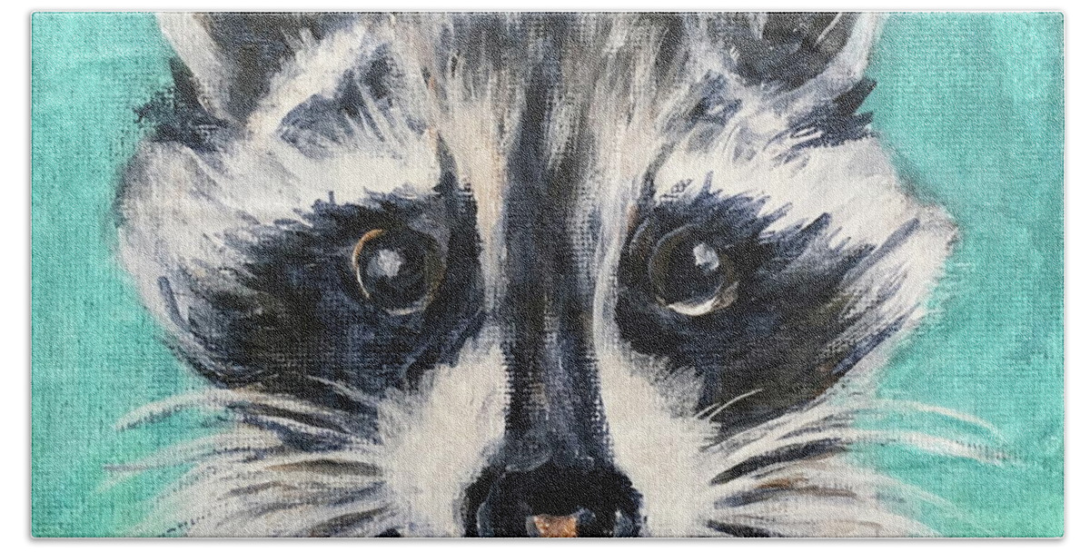 Raccoon Beach Towel featuring the painting I'm innocent.... by Bonnie Peacher