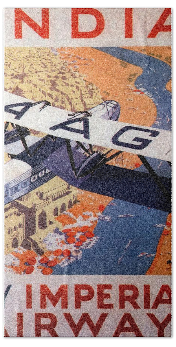 Imperial Airways Beach Towel featuring the painting Imperial Airways Airplane flying over river Ganges in India - Vintage Travel Advertising Poster by Studio Grafiikka