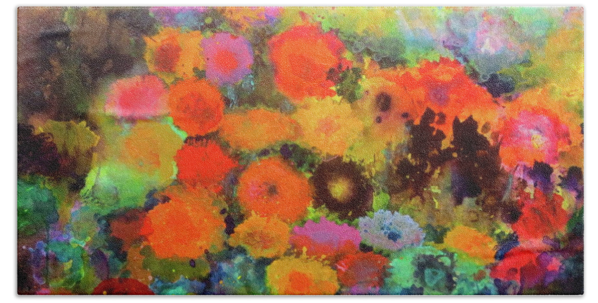 Flowers In Bloom Abstract Impressionistic Paintings Beach Towel featuring the painting In Bloom by Robert Birkenes
