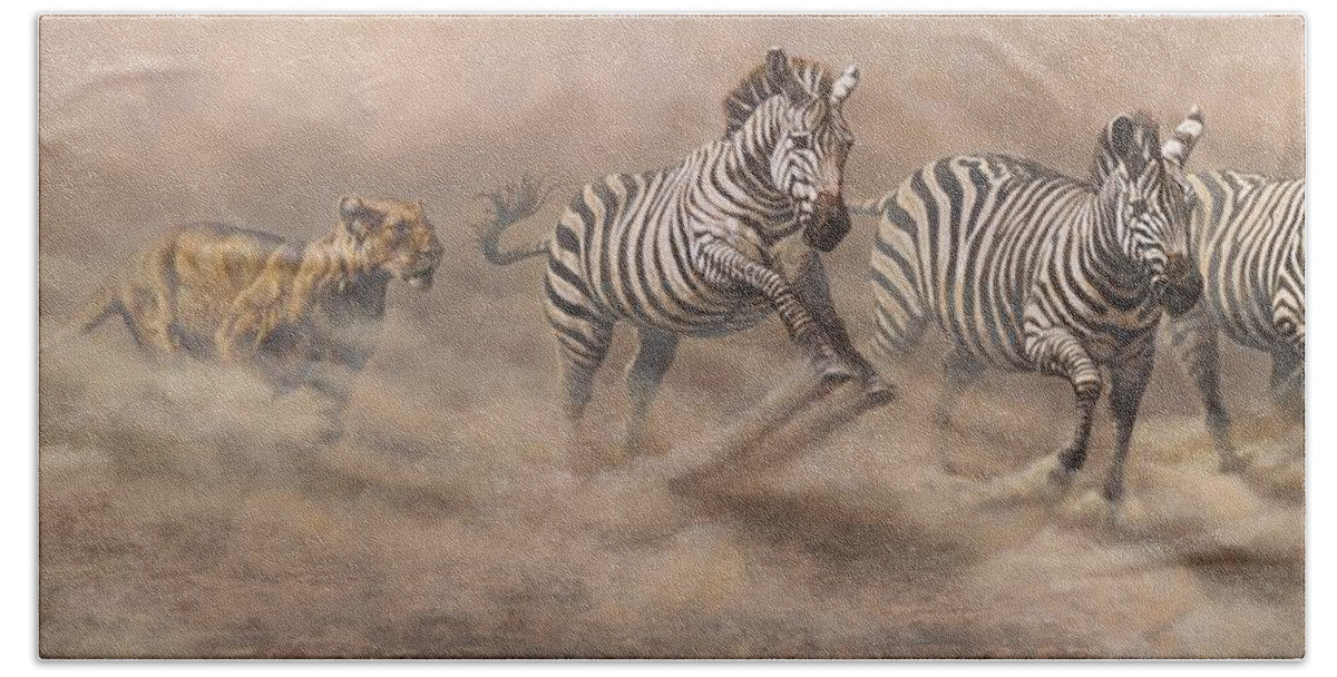 Wildlife Paintings Beach Towel featuring the painting In Pursuit by Alan M Hunt