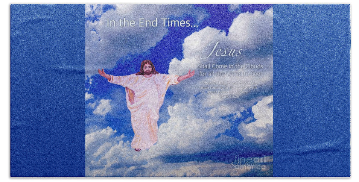 Relates To Passage From Mark 13:26 Jesus Shall Come In The Clouds Original Painting Of The Figure Of A Jewish Or Mediterranean Version Of Jesus Featured With Picture Of Clouds And Blue Skies Inspirational Religious Work Mixed Media Beach Sheet featuring the mixed media In the End Times Jesus Will Come in the Clouds by Kimberlee Baxter